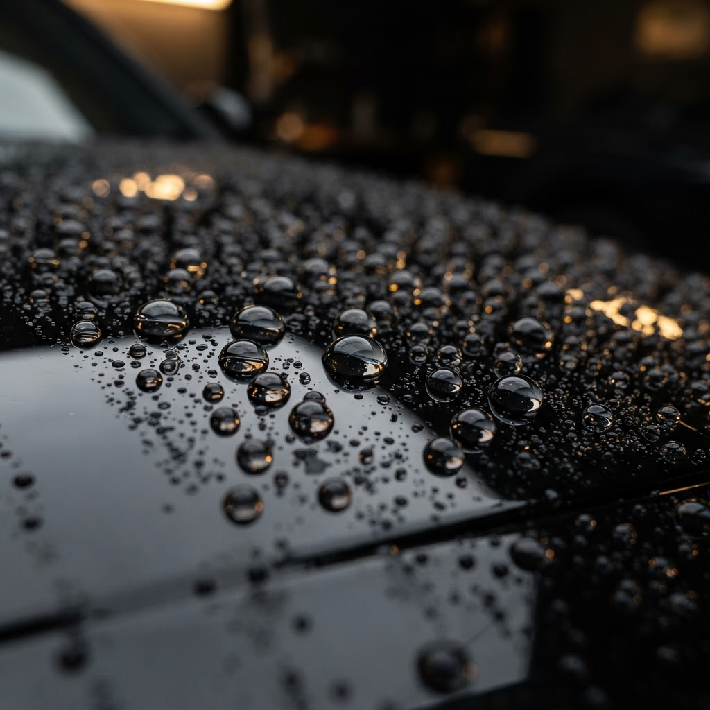 Wasser perlt an einer keramikversiegelten Motorhaube ab
