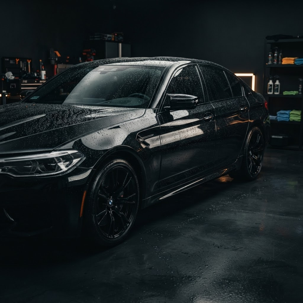 Frisch aufbereitetes glänzendes Fahrzeug in einem professionellen Detailing-Studio